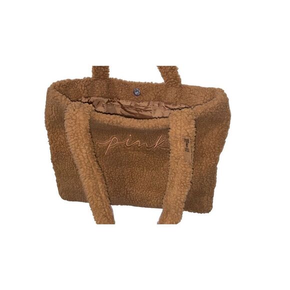 NEW Victoria Secret PINK Fuzzy Cozy Brown Plush Sherpa Tote Bag - Picture 3 of 7